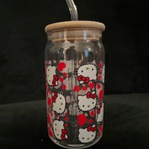 Sanrio Hello Kitty Face Red Bow with Hearts;  Clear Glass Tumbler with Straw